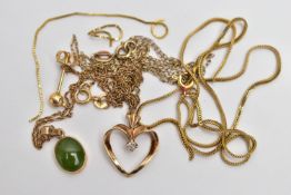 TWO PENDANT NECKLACES AND A BROKEN CHAIN, the first a jade cabochon pendant, collet setting