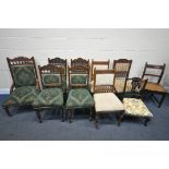 A SELECTION OF VARIOUS CHAIRS, to include a set of five Edwardian chairs, with green fabric, a