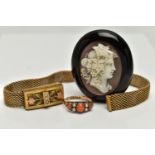 A LATE VICTORIAN RING WITH A BROOCH AND A BRACELET, to include a 9ct gold ring, set with three coral