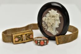 A LATE VICTORIAN RING WITH A BROOCH AND A BRACELET, to include a 9ct gold ring, set with three coral