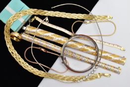 A BAG OF ASSORTED JEWELLERY, to include a gold plated tri-colour articulated bracelet, hallmarked