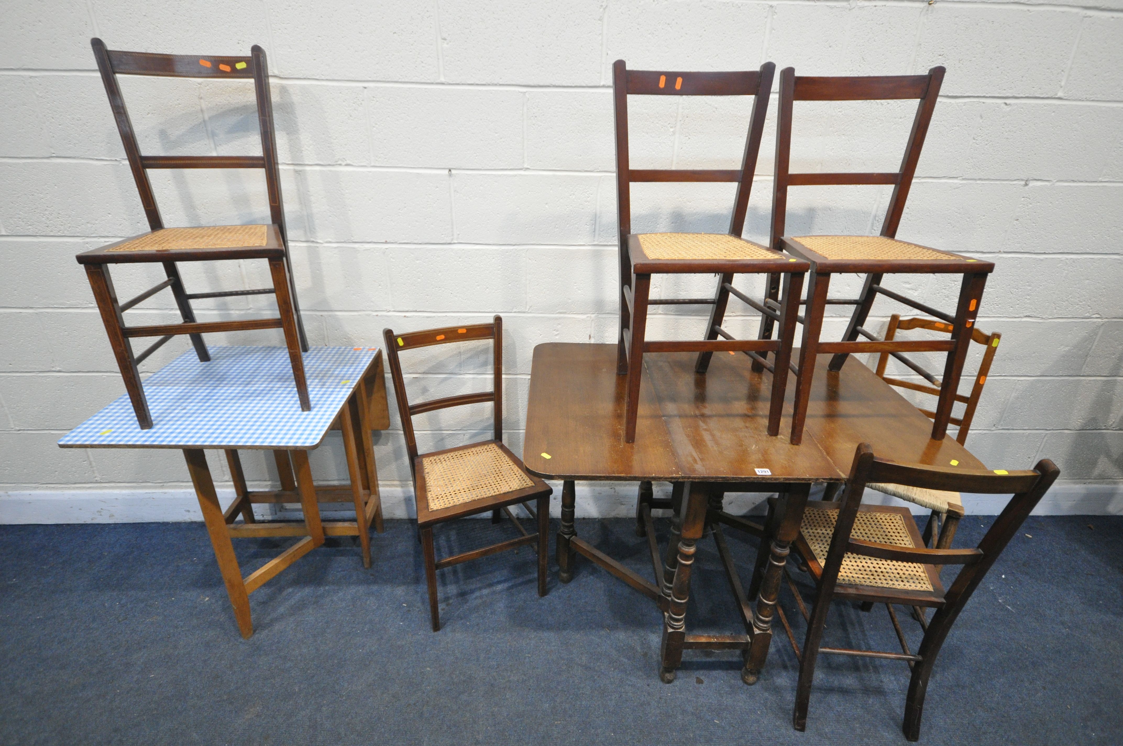 AN OAK GATE LEG TABLE, six various chairs, along with a Formica top gate leg table (8)