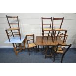 AN OAK GATE LEG TABLE, six various chairs, along with a Formica top gate leg table (8)