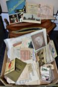 A BOX CONTAINING POSTCARDS, CIGARETTE CARDS AND OTHER PRINTED EPHEMERA, ETC, including approx. 150