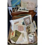 A BOX CONTAINING POSTCARDS, CIGARETTE CARDS AND OTHER PRINTED EPHEMERA, ETC, including approx. 150