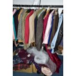 A RAIL AND TWO BOXES OF LADIES CLOTHING, to include coats, jackets, faux furs, sheepskins, skirts