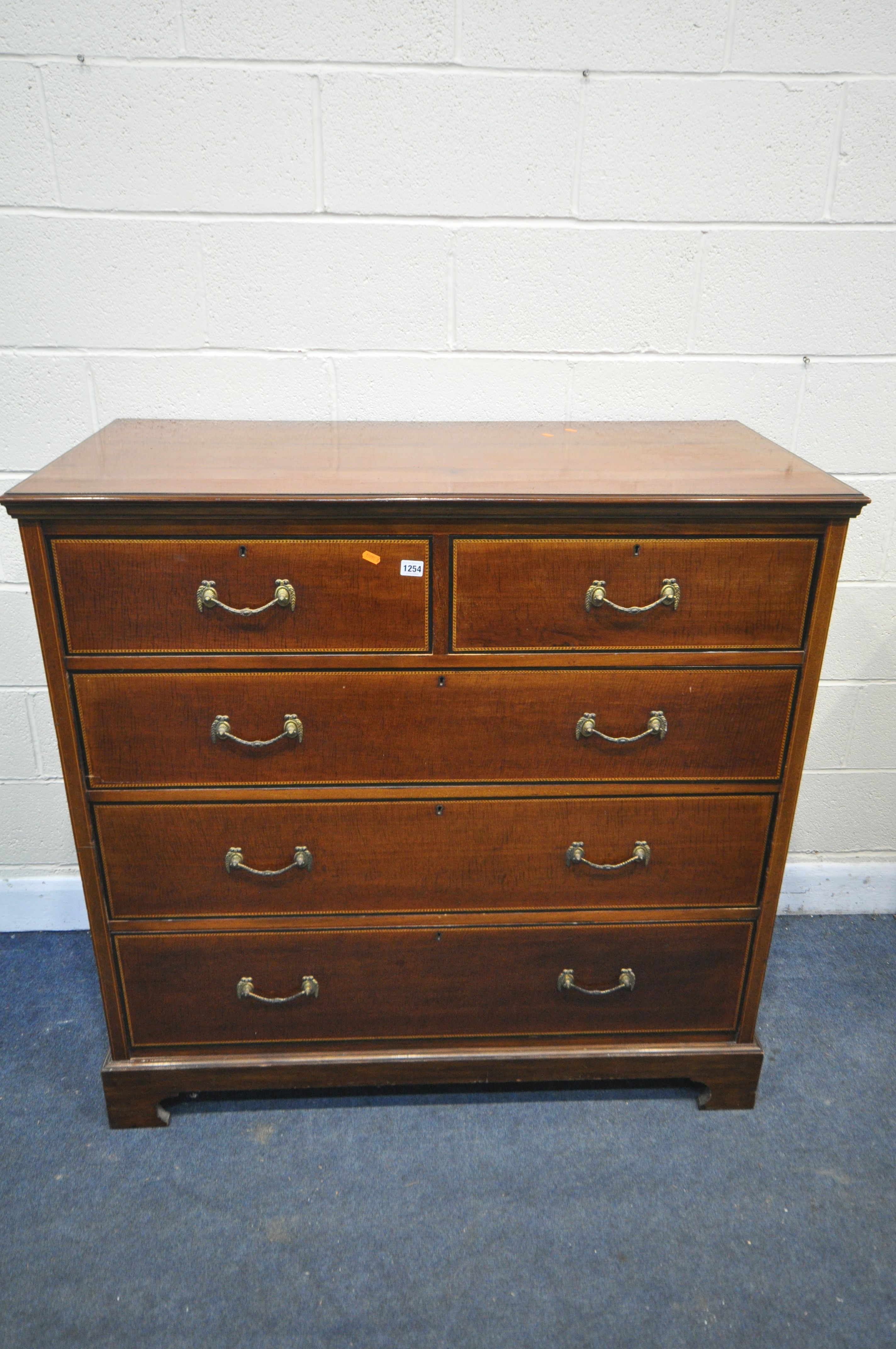 A 20TH CENTURY GEORGIAN STYLE MAHOGANY AND HERRINGBONE INLAID CHEST OF TWO OVER THREE LONG