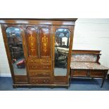 AN EDWARDIAN MAHOGANY AND INLAID THREE PIECE BEDROOM SUITE, comprising a compactum wardrobe, with an