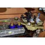 A GROUP OF 20TH CENTURY INK STANDS AND INKWELLS, comprising a cast black ink stand in the form of