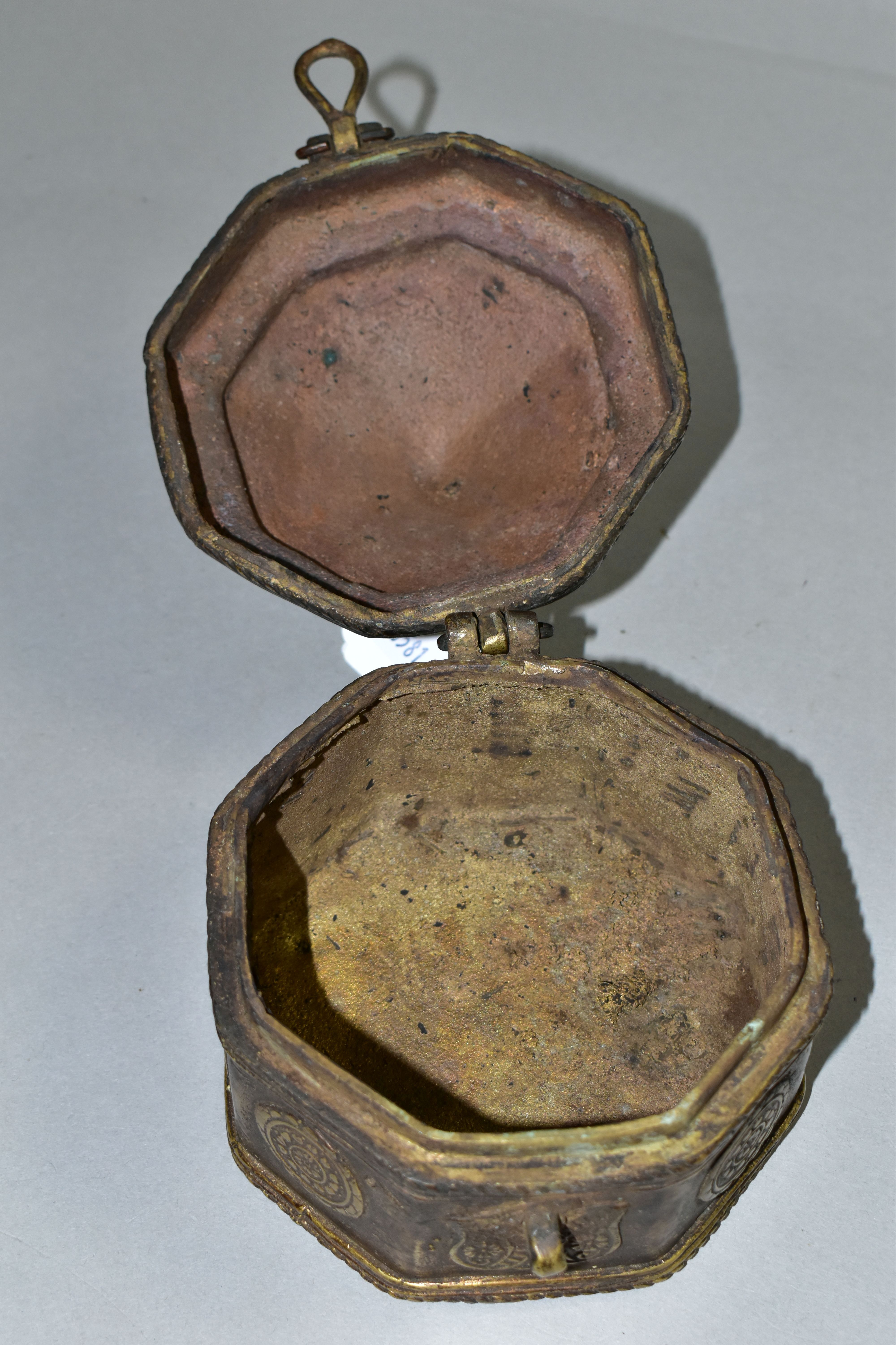 A BRONZE OCTAGONAL BOX, with domed lid, teardrop shaped finial and handle, applied flower symbols, - Image 4 of 5