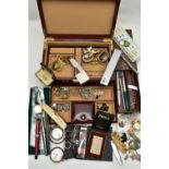 A BOX OF ASSORTED ITEMS, to include a brown jewellery box with contents of costume jewellery such as