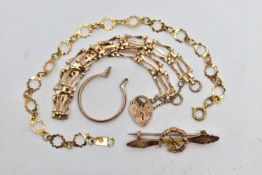 TWO BRACELETS, A BROOCH AND RING SHANK, to include a yellow gold fancy openwork link bracelet,