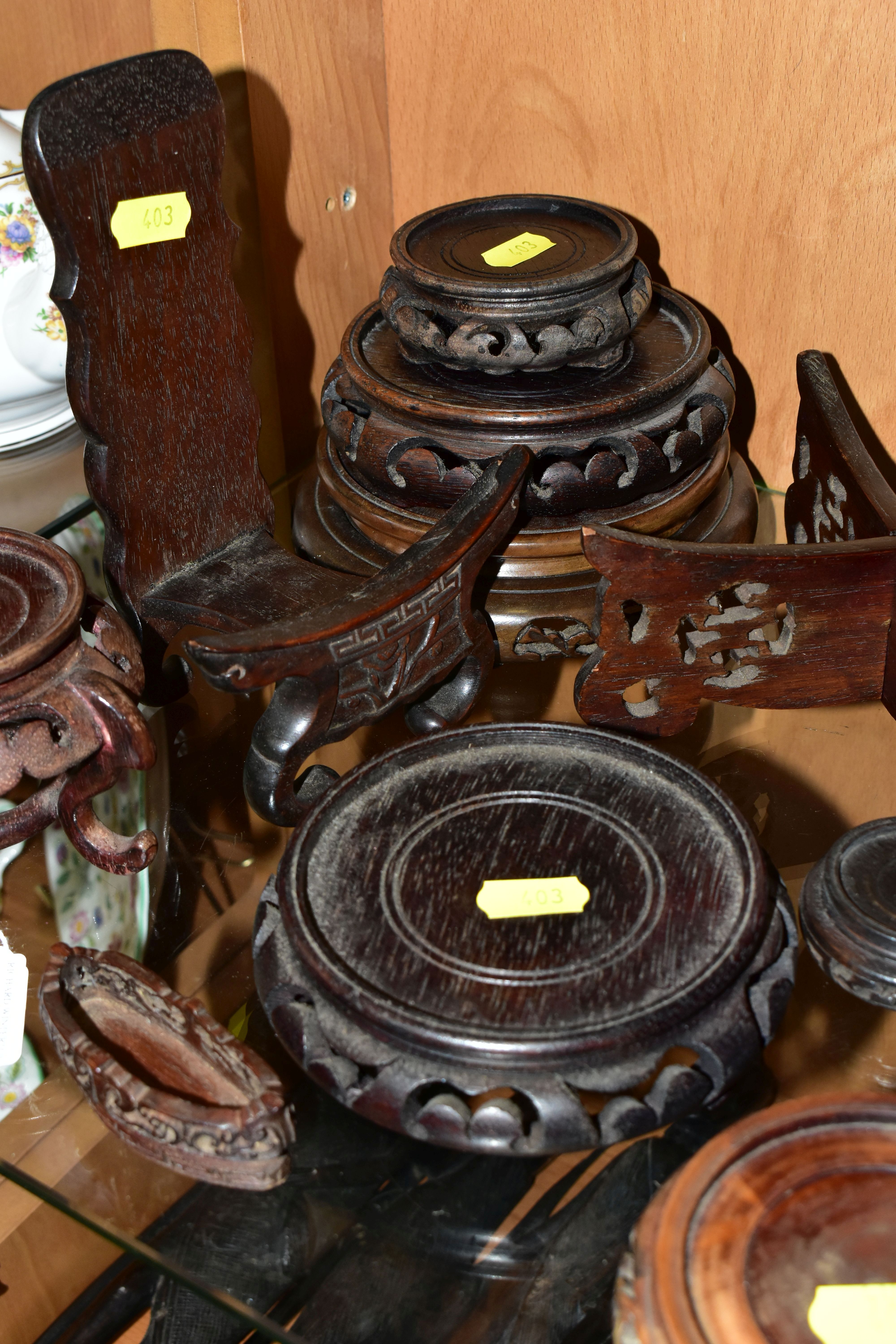 A QUANTITY OF WOODEN VASE STANDS, comprising an Arts & Crafts style tobacco jar with carved - Image 5 of 13