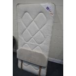 A SINGLE DIVAN BED, MATTRESS AND HEADBOARD (condition:-no wheel to bed base)