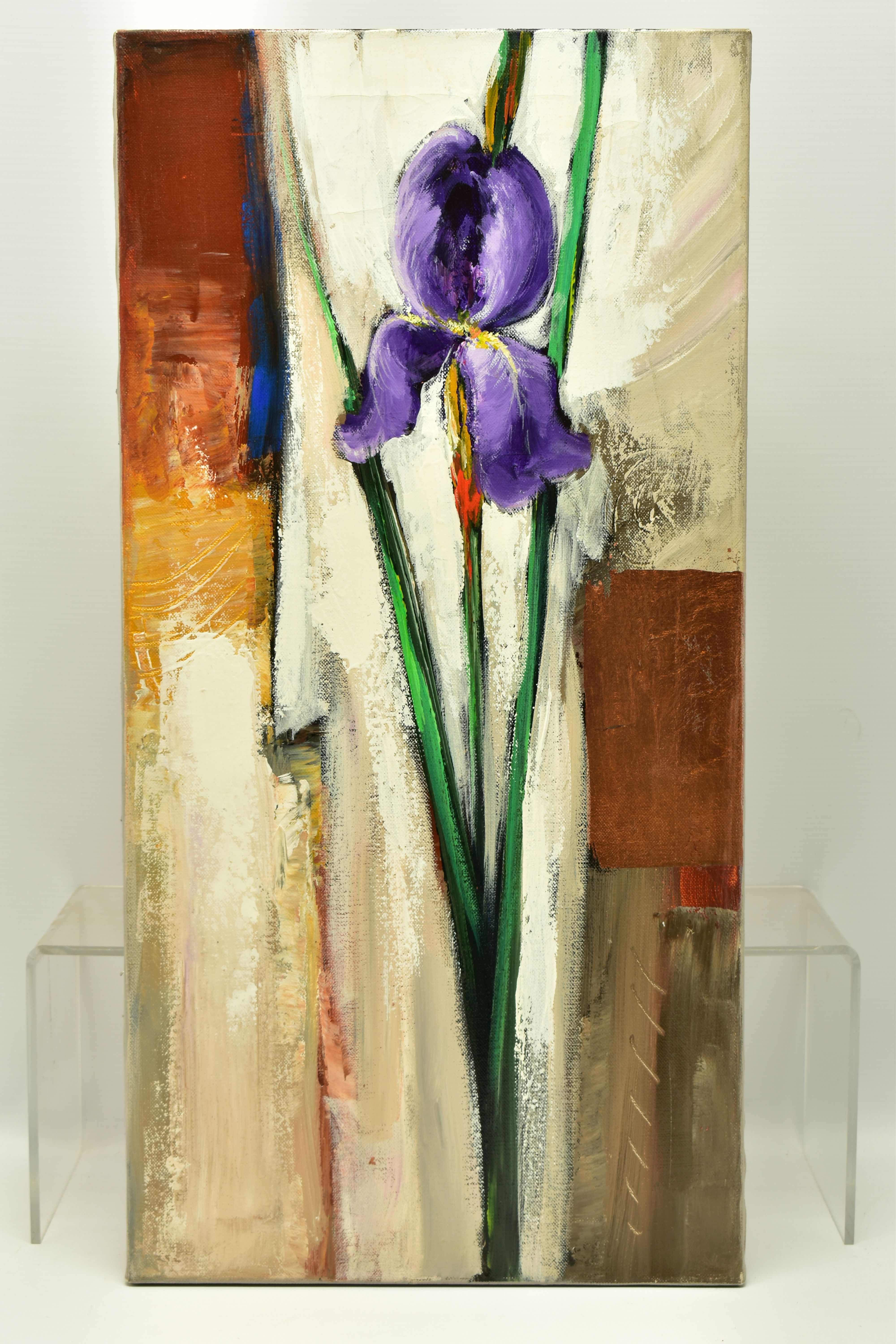 VASILE LEONDAR (ROMANIA 1957) IRIS, a still life study of a single Iris, signed verso, oil on