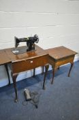 A WALNUT CASED SINGER ELECTRIC SEWING MACHINE, on cabriole legs, with a foot pedal, width 60cm x