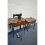 A WALNUT CASED SINGER ELECTRIC SEWING MACHINE, on cabriole legs, with a foot pedal, width 60cm x