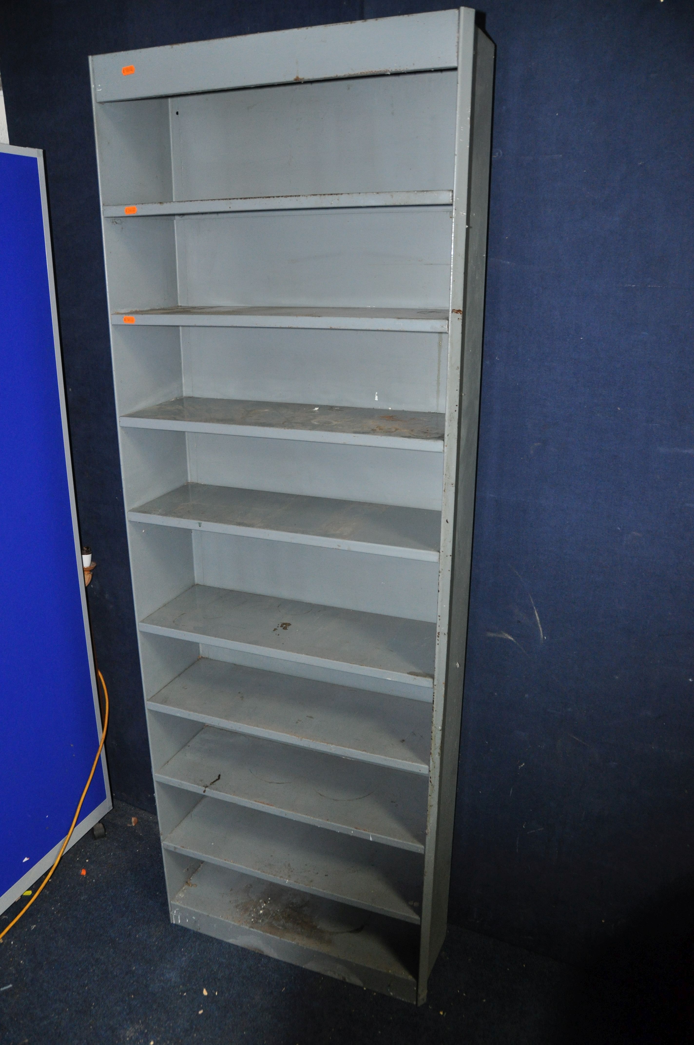 A SET OF STEEL SHELVING with nine shelves measuring width 67cm x depth 27cm x height 189cm and a - Image 2 of 3