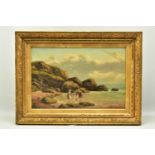 A LATE 19TH CENTURY COASTAL LANDSCAPE WITH FIGURES, two small children are playing with a pond yacht