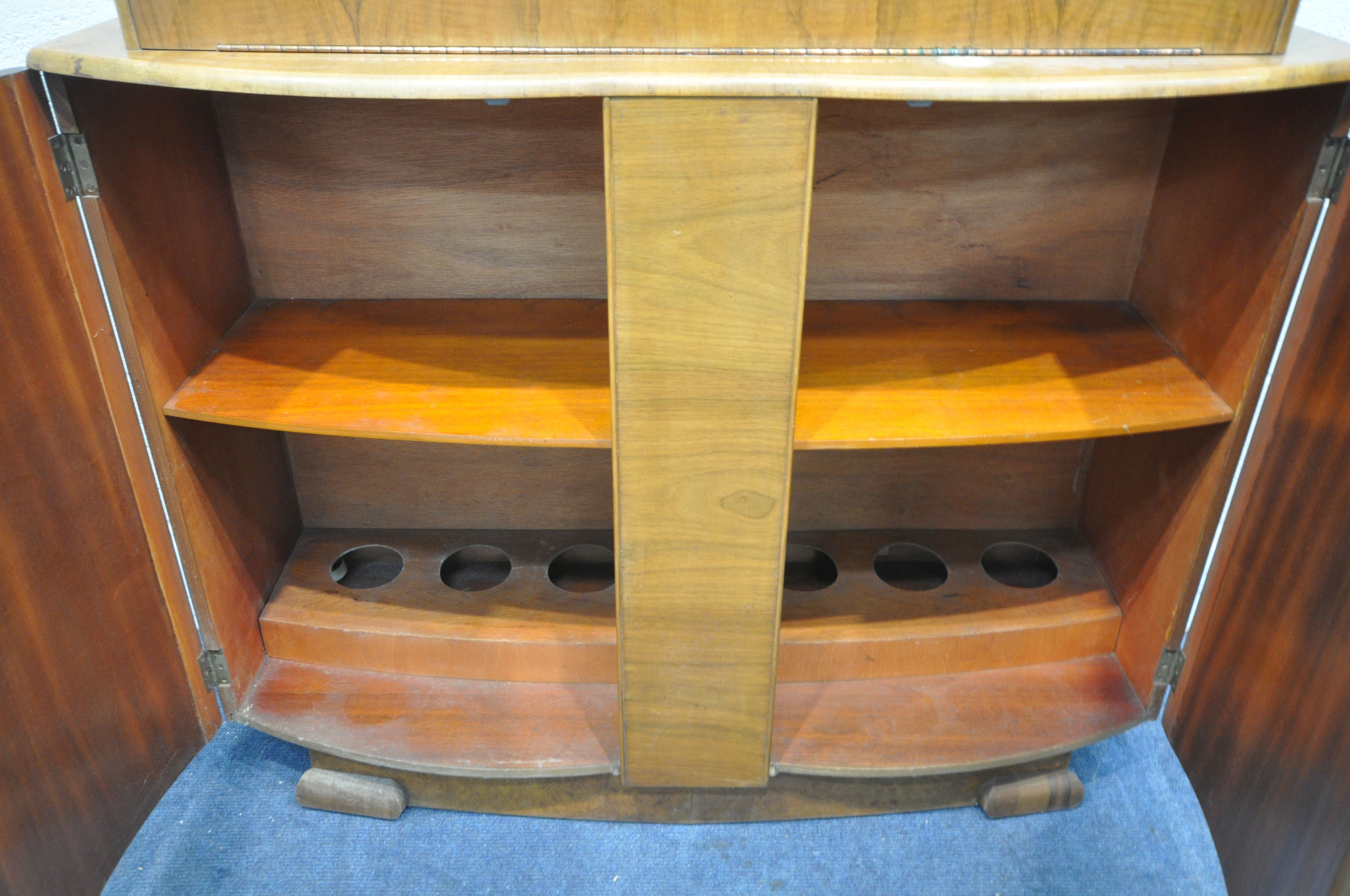 A SURELINE ART DECO STYLE WALNUT DRINKS CABINET, with a metamorphic fall front mirrored section, - Image 5 of 5