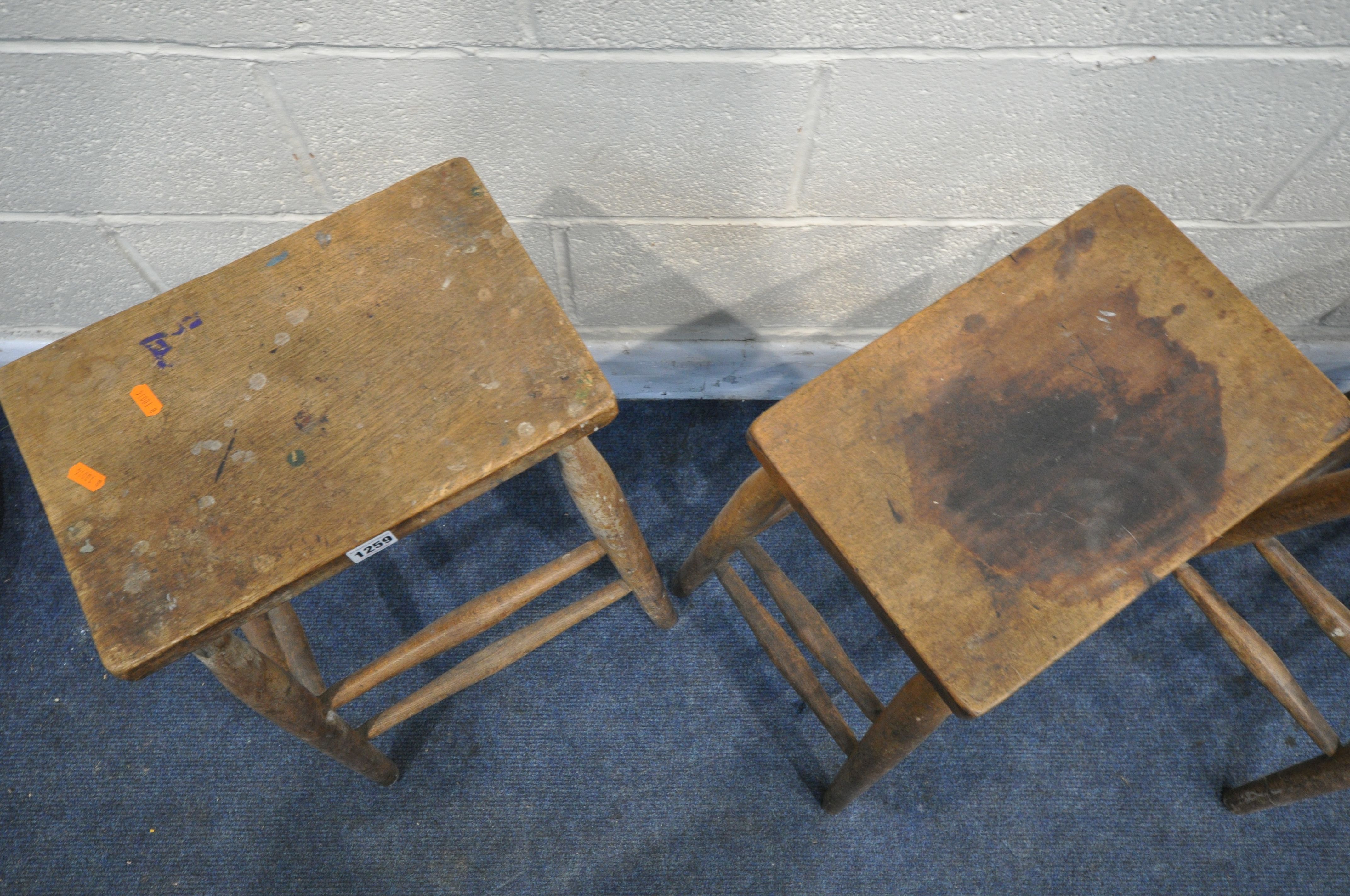 A SET OF FOUR BEECH LABRATORY STOOLS (condition:-distressed finish to all chairs) - Image 3 of 3