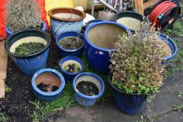 TWELVE BLUE GLAZED GARDEN PLANT POTS of differing sizes and styles the largest diameter being
