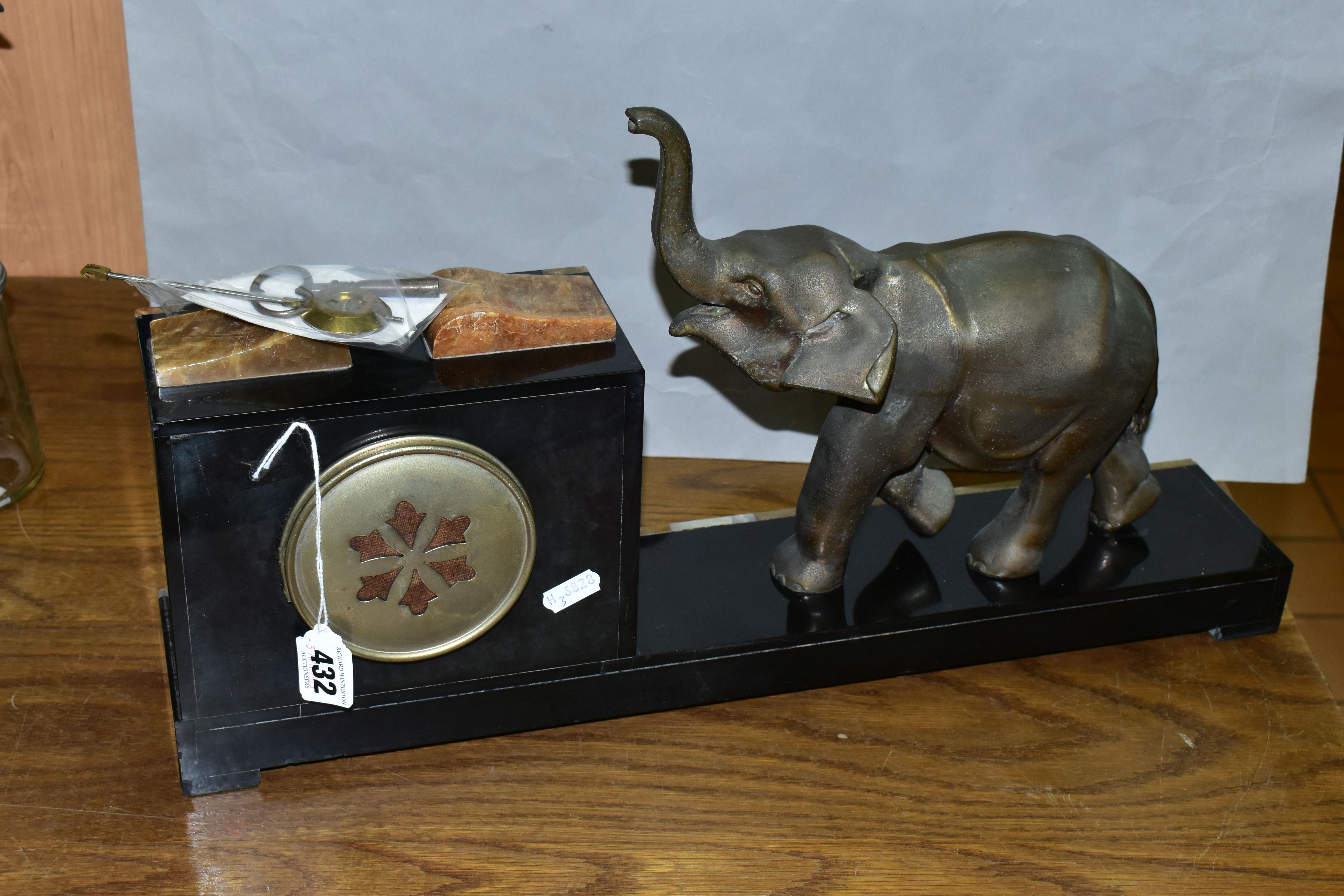 A FRENCH ART DECO MARBLE MANTEL CLOCK, Olivaux Renn, with key and pendulum and figure of an elephant - Image 7 of 8