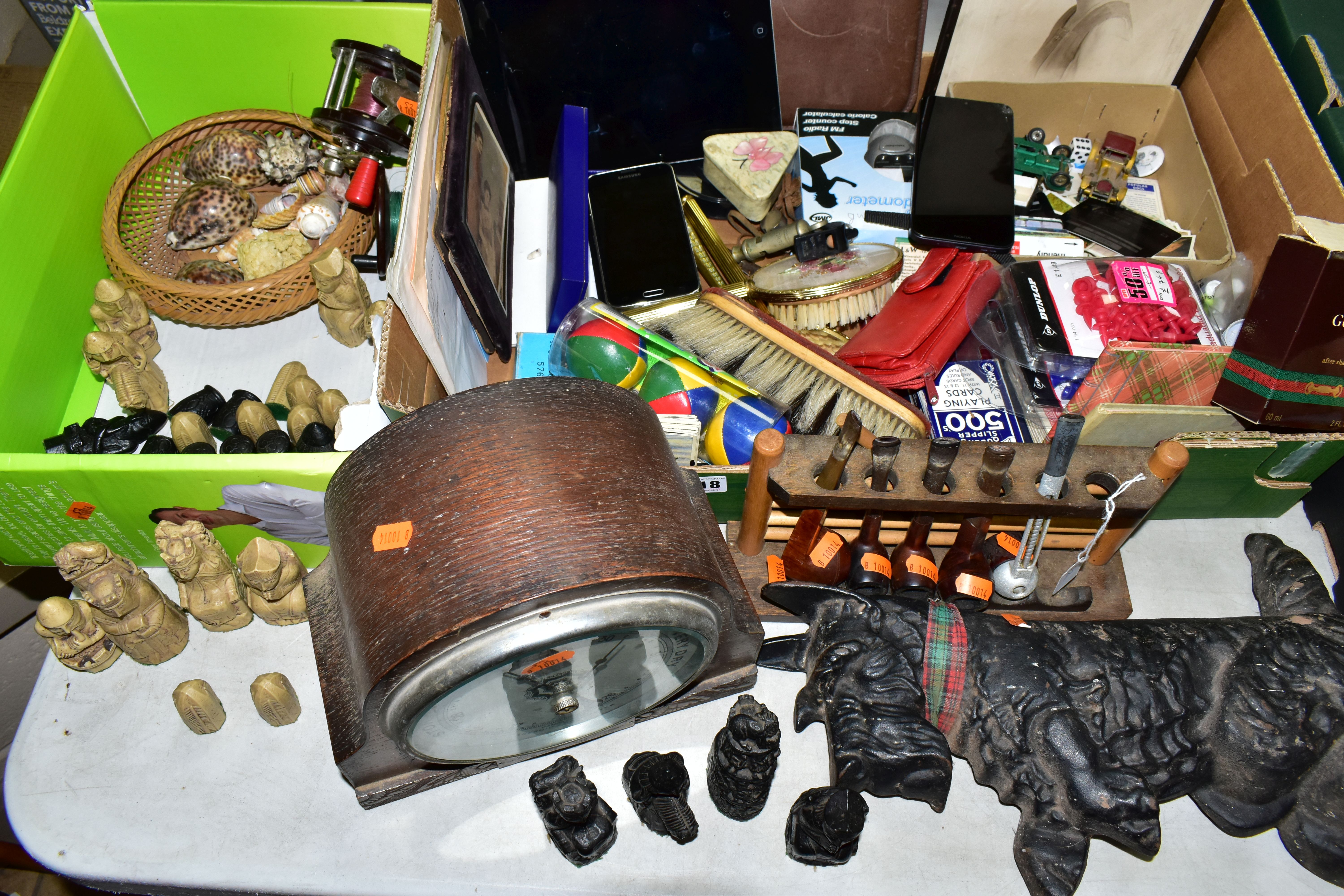 THREE BOXES OF VINTAGE FISHING REELS, SEA SHELL, CHESS SET AND SUNDRIES, to include a Bakelite