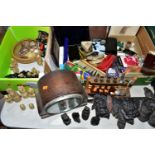 THREE BOXES OF VINTAGE FISHING REELS, SEA SHELL, CHESS SET AND SUNDRIES, to include a Bakelite