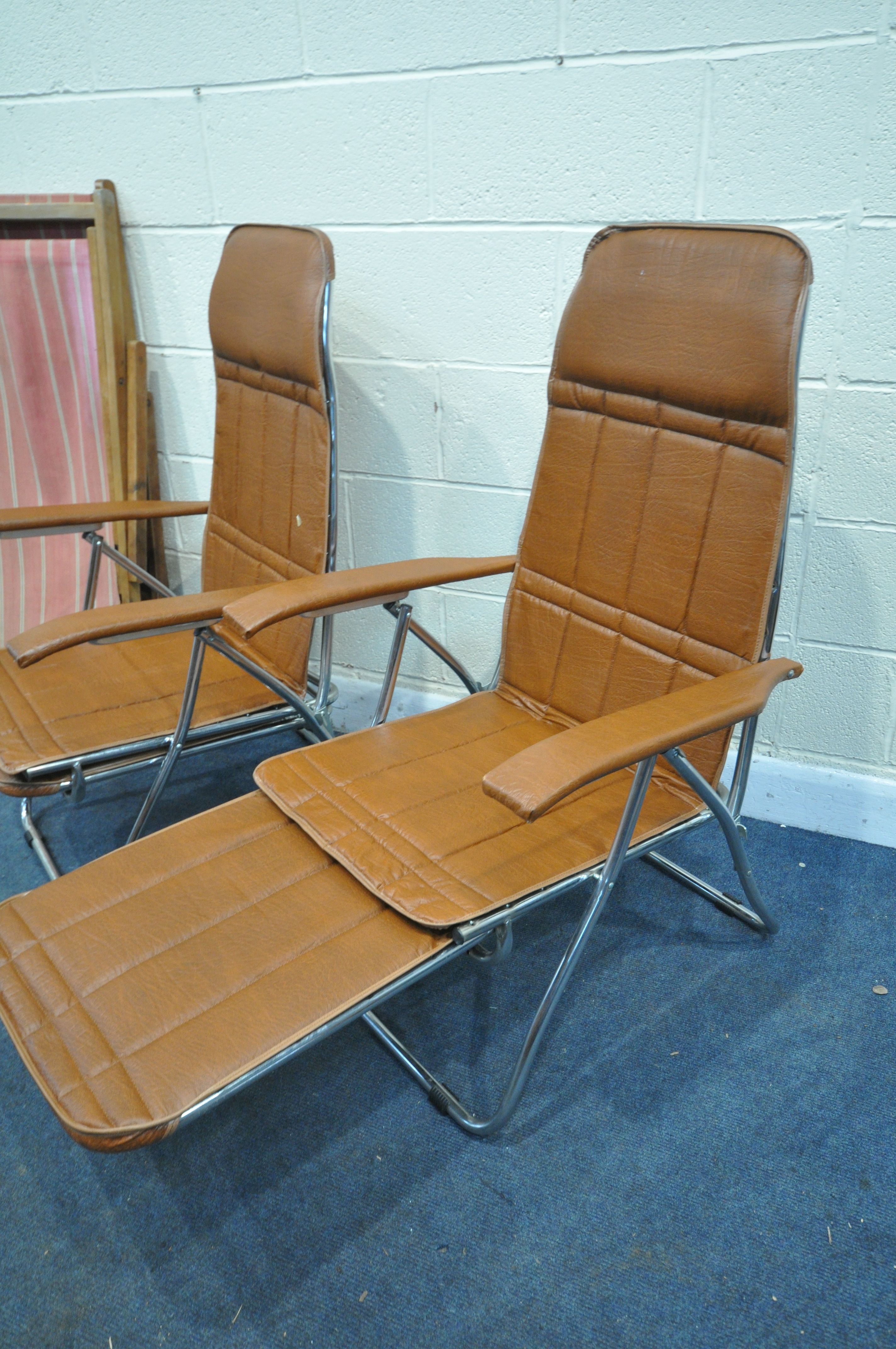 A PAIR MID CENTURY BROWN LEATHERETTE FOLDING CHAIRS, possibly by Maule Marga, and two folding desk - Image 3 of 3