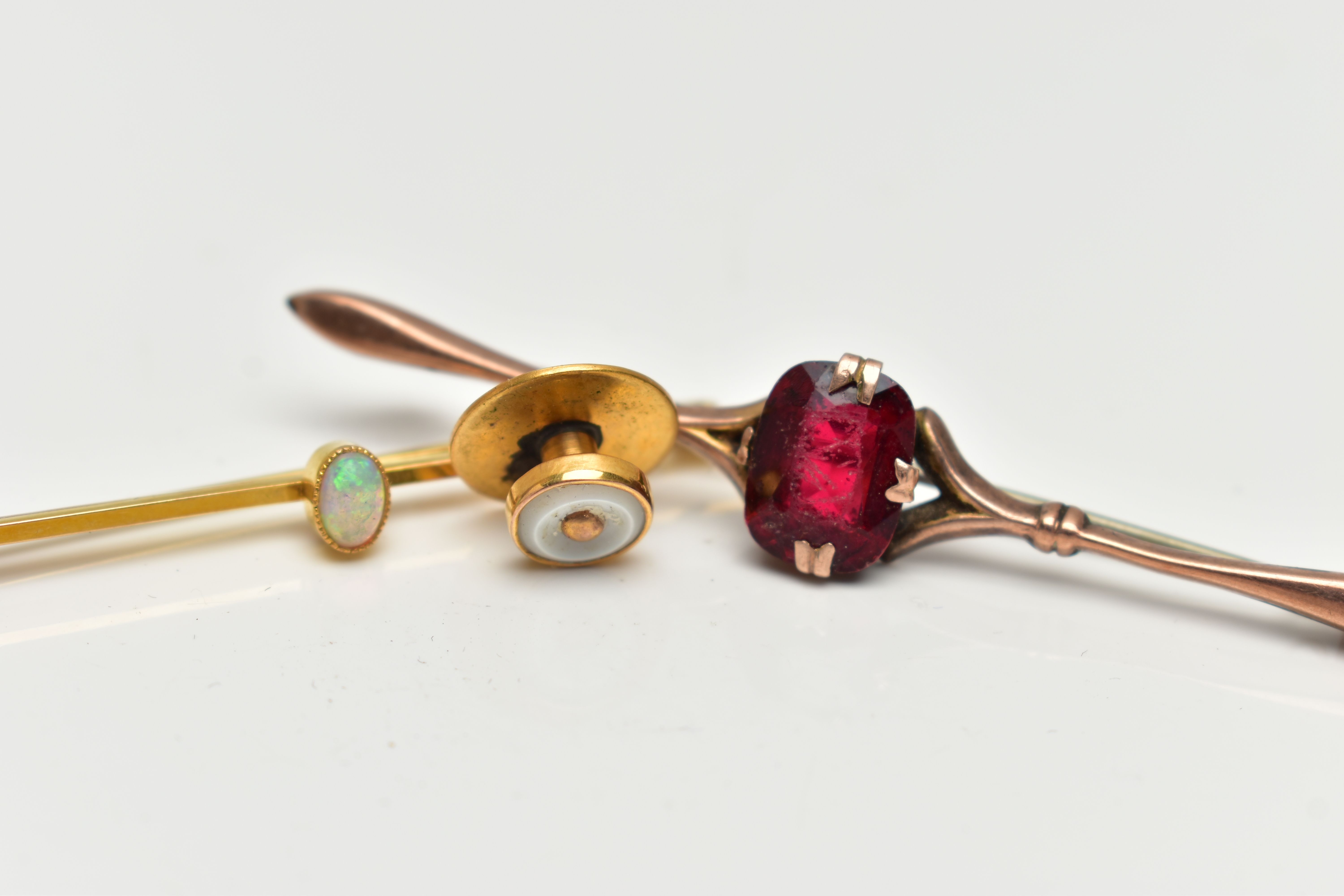 TWO BAR BROOCHES AND A DRESS STUD, to include a polished yellow metal bar brooch set with an oval - Image 2 of 4