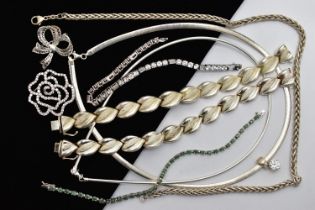 A BAG OF ASSORTED SILVER JEWELLERY, to include two articulated bracelets, each hallmarked