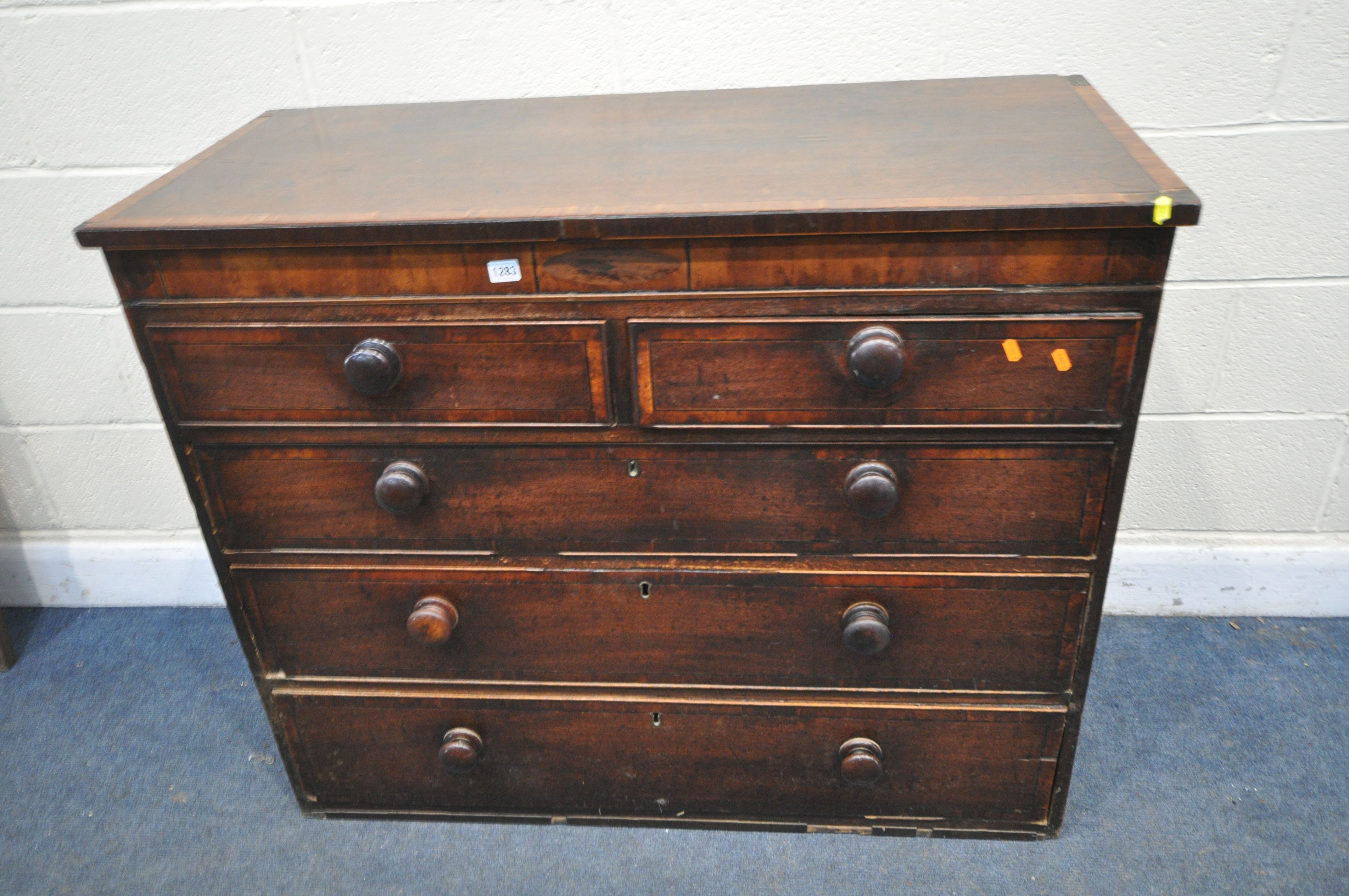 A GEORGIAN MAHOGANY AND CROSSBANDED CHEST OF TWO SHORT OVER THREE LONG DRAWERS, with turned handles, - Image 2 of 4