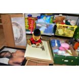 THREE BOXES OF VINTAGE TOYS AND SIX BOXED PIRELLI WALL CALENDARS, to include 1985, 1986, 1987,