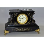 A LARGE BLACK SLATE MANTEL CLOCK, gold foliate detail to front, P. Japy & Cie Medallion 1878