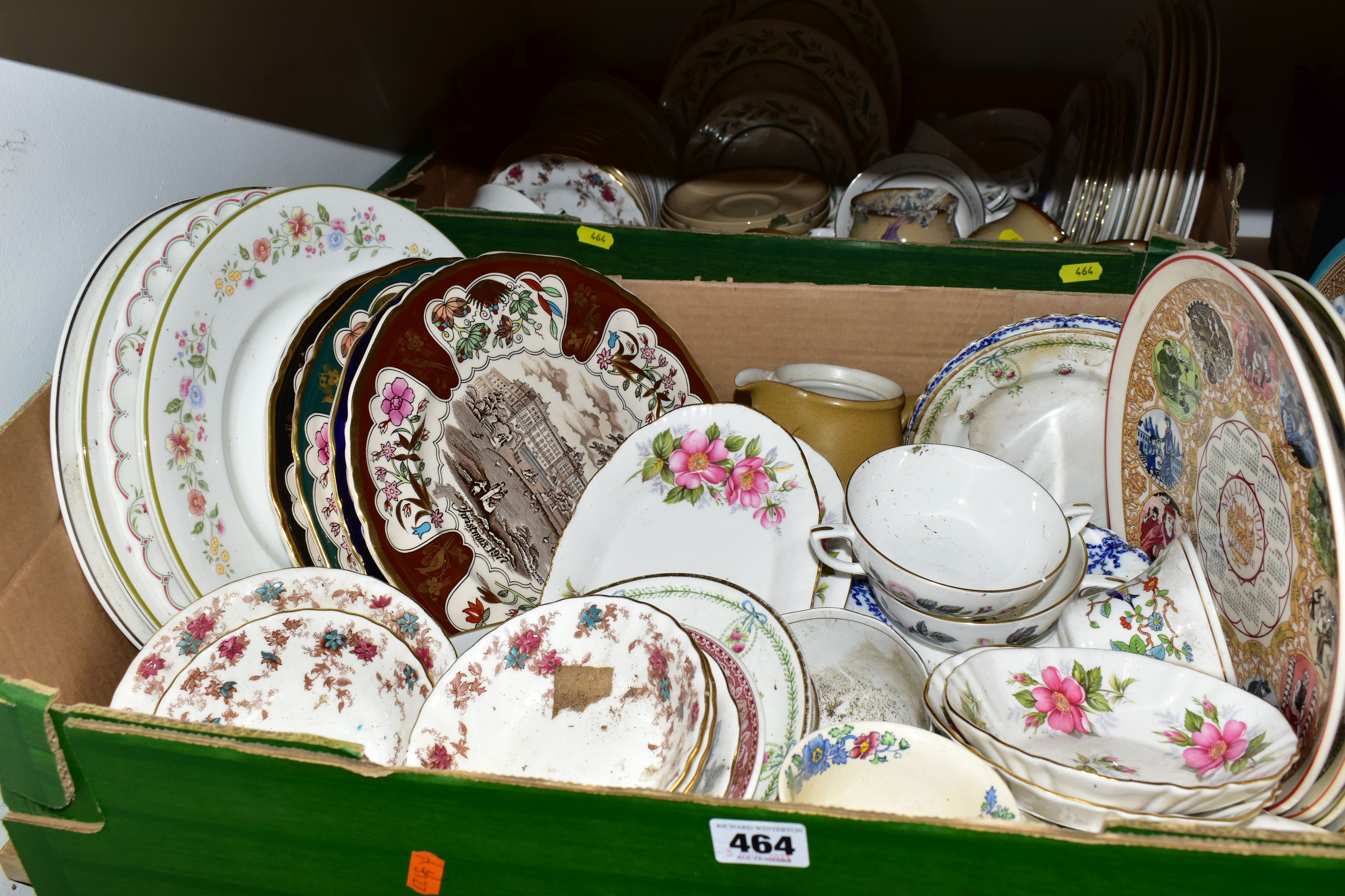 TWO BOXES OF CERAMICS, including assorted tea and dinnerware by Minton, Royal Worcester and Royal