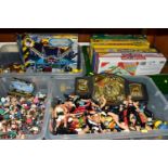 FOUR BOXES OF TOYS AND GAMES, including Corinthian Microstars football figures, wrestling action
