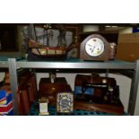 A VINTAGE SINGER SEWING MACHINE, MANTEL CLOCKS AND WOODEN BOXES, comprising a Singer Gazelle