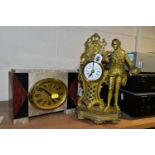 TWO FRENCH CLOCKS, comprising a marble Art Deco alarm clock with oval dial, together with a Gilt