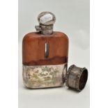 A HIPFLASK AND A SILVER NAPKIN RING, the EPBM 1/4 Pt, glass hipflask with cup, engraved 'Niall