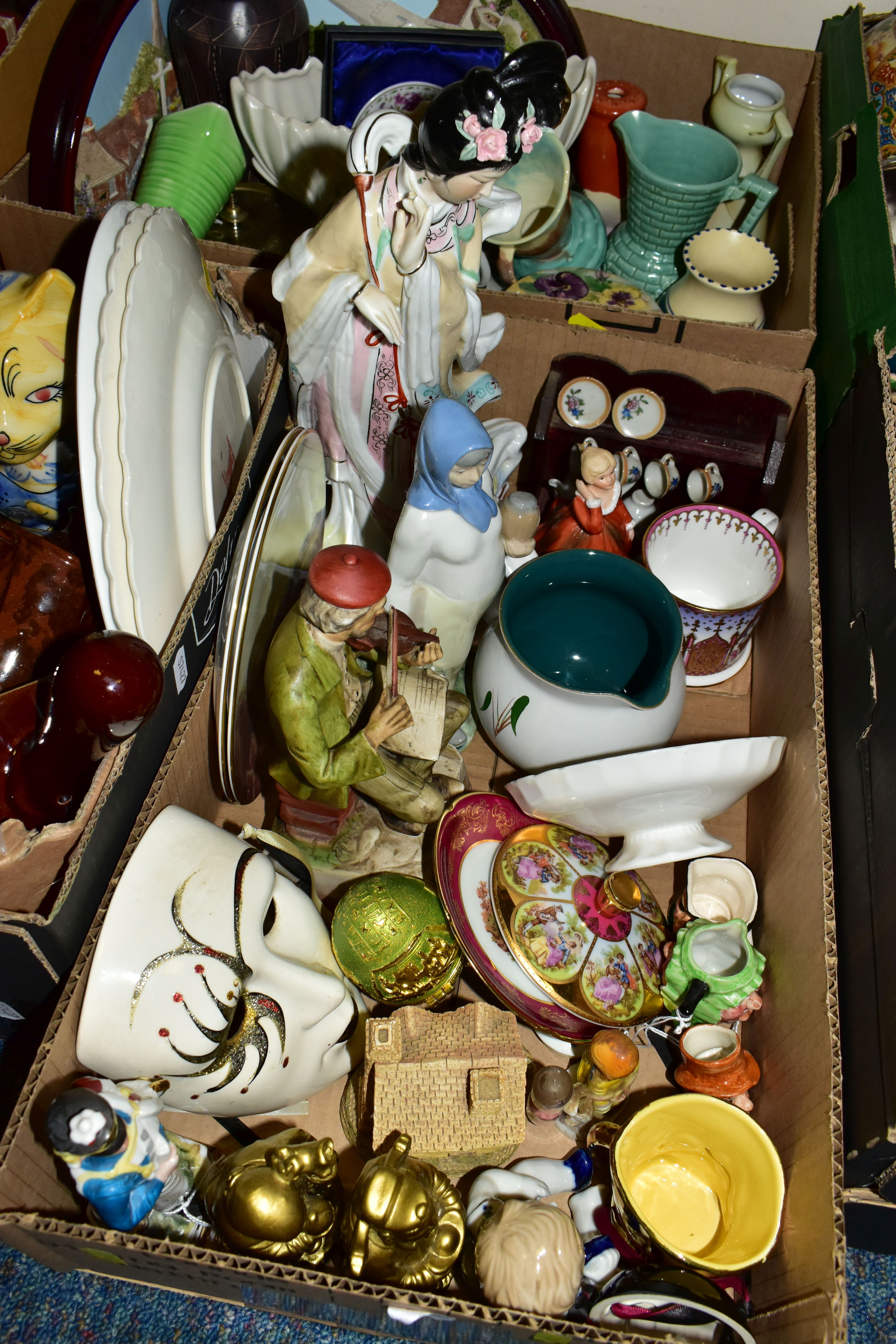 EIGHT BOXES OF CERAMICS, GLASSWARE, TREEN, ETC, including animal and figural ornaments, pressed - Image 4 of 9