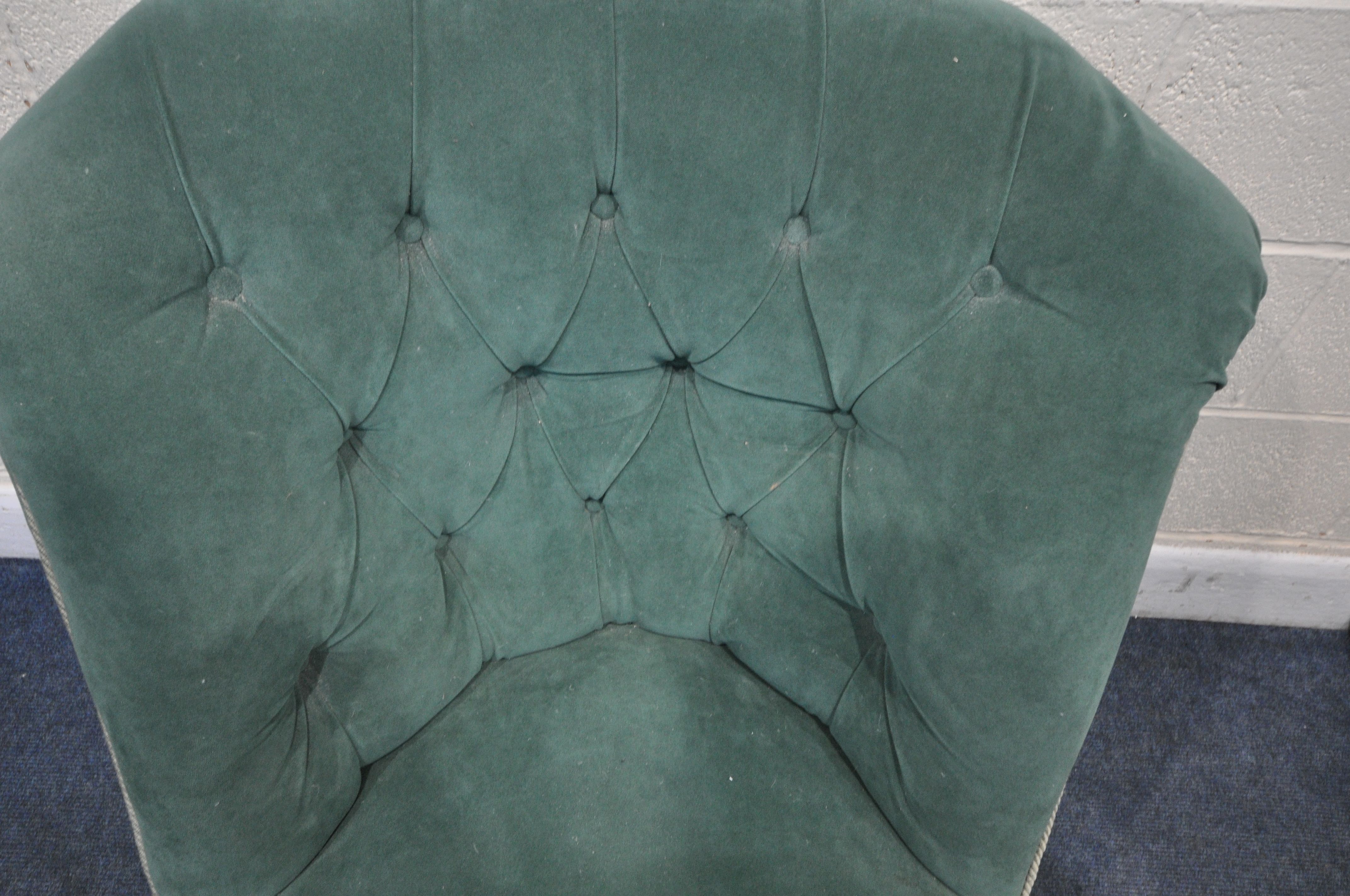 A VICTORIAN BEDROOM CHAIR, reupholstered in green buttoned fabric, on turned front legs and brass - Image 2 of 3