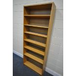 A OAK FINISH OPEN BOOKCASE, width 80cm x depth 28cm x height 202cm