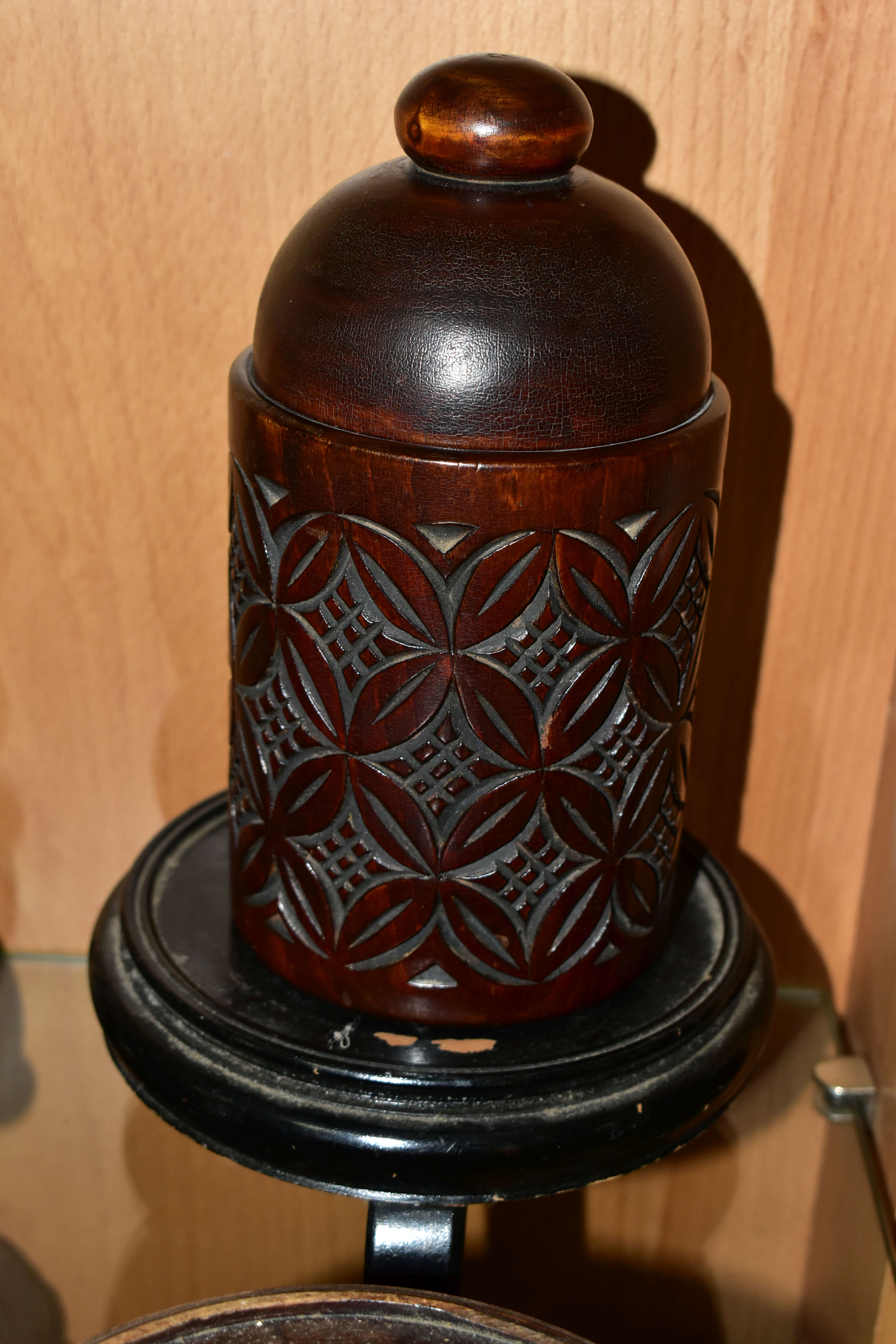 A QUANTITY OF WOODEN VASE STANDS, comprising an Arts & Crafts style tobacco jar with carved - Image 10 of 13