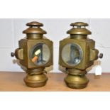 A PAIR OF AMERICAN EARLY BRASS CAR LAMPS, stamped 'E & J Detroit Michigan' to top, height 26cm (