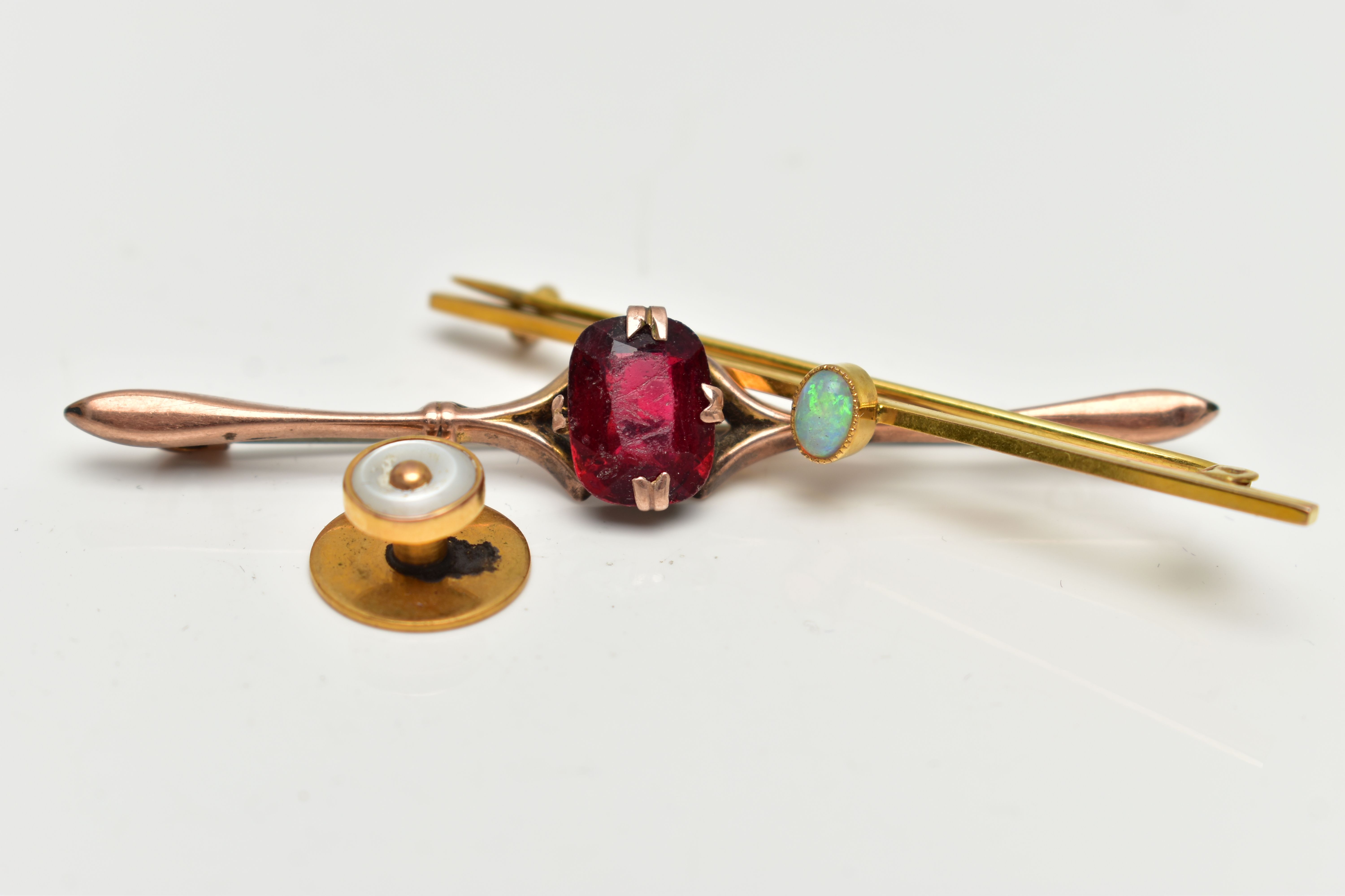 TWO BAR BROOCHES AND A DRESS STUD, to include a polished yellow metal bar brooch set with an oval - Image 3 of 4