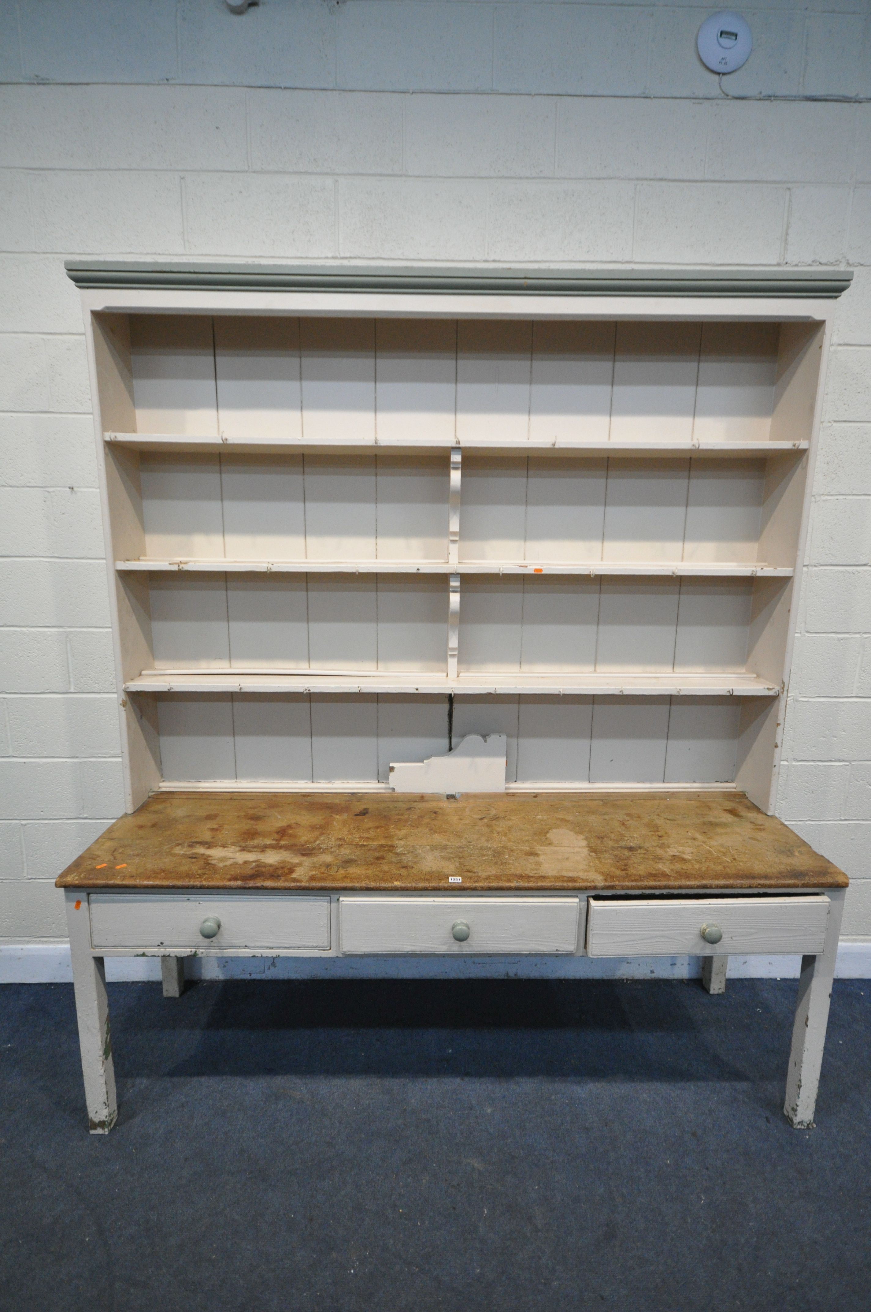 A LARGE 19TH CENTURY PAINTED PINE DRESSER, the top with triple shelves, over a base with drawers, on - Image 2 of 6