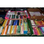 FIVE BOXES OF BOOKS containing over 185 miscellaneous titles in paperback format, most titles are