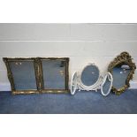 A PAIR OF GILT FRAMED WALL MIRRORS, a foliate framed wall mirror, and a French cream triple dressing