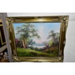 A BOX AND LOOSE PAINTINGS AND PRINTS ETC, to include a 20th century pastoral landscape signed
